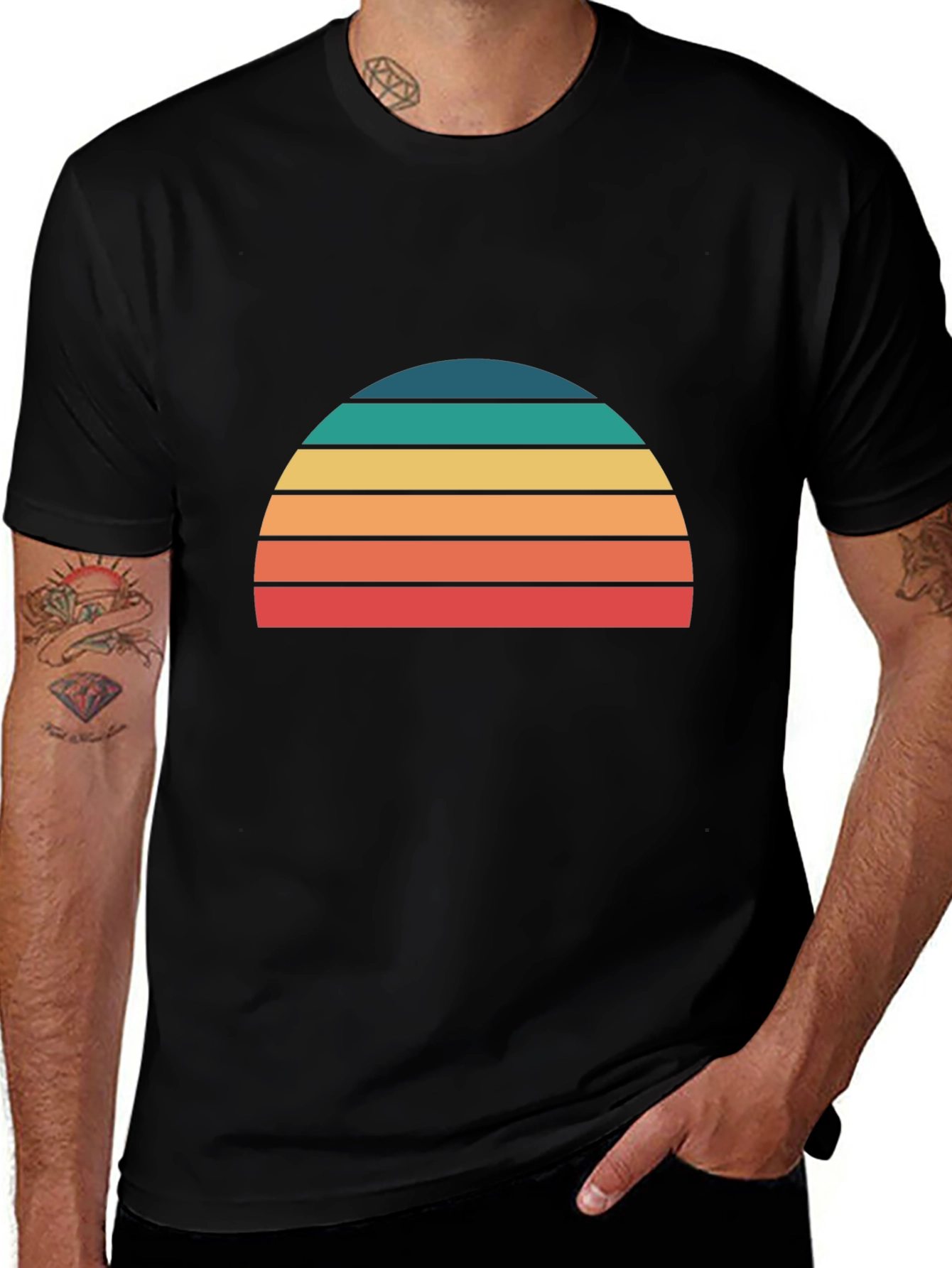 Retro Sunset Striped Graphic Tee - Black