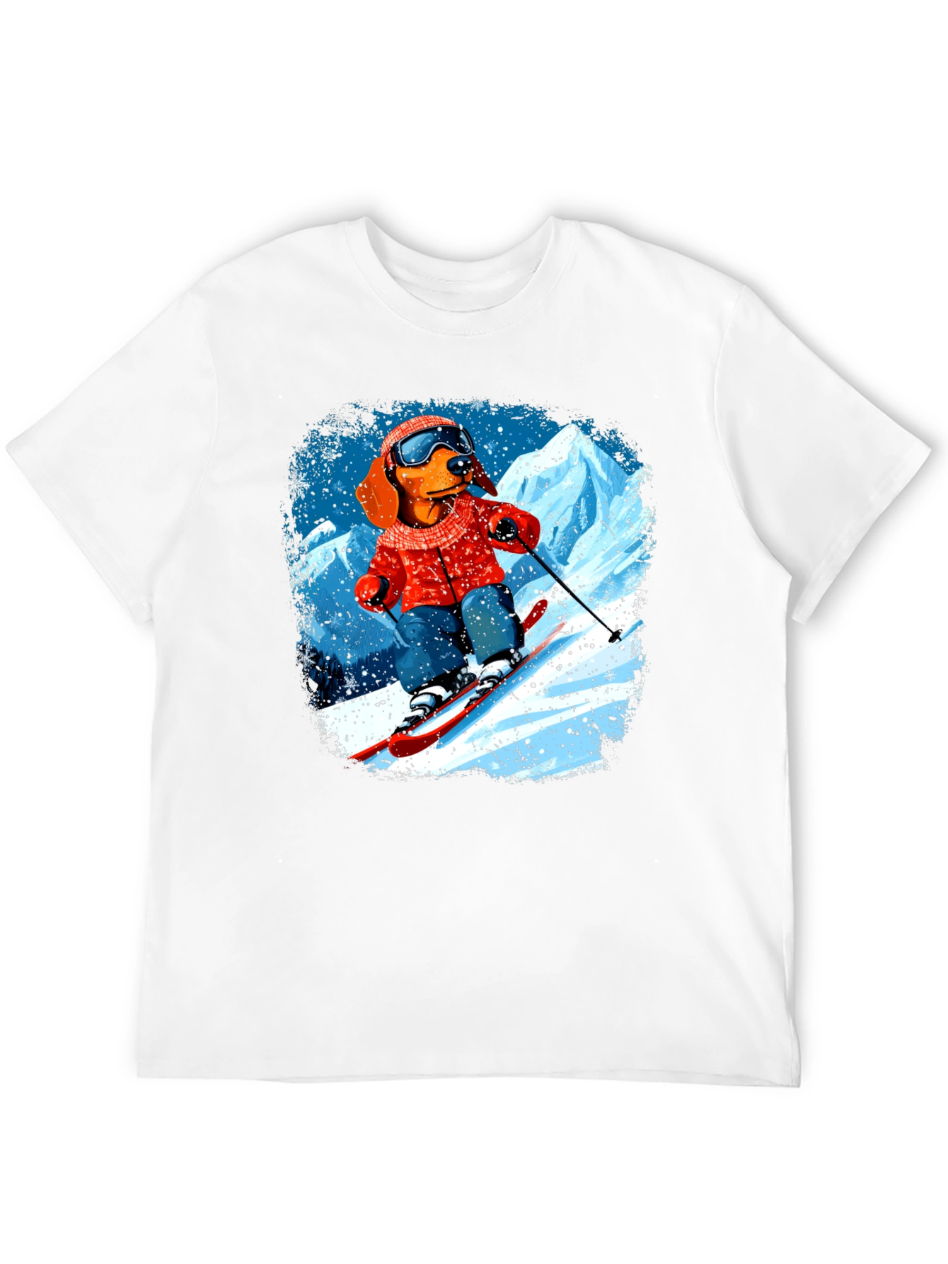Dog Skiing Graphic Tee - Black Cotton T-Shirt
