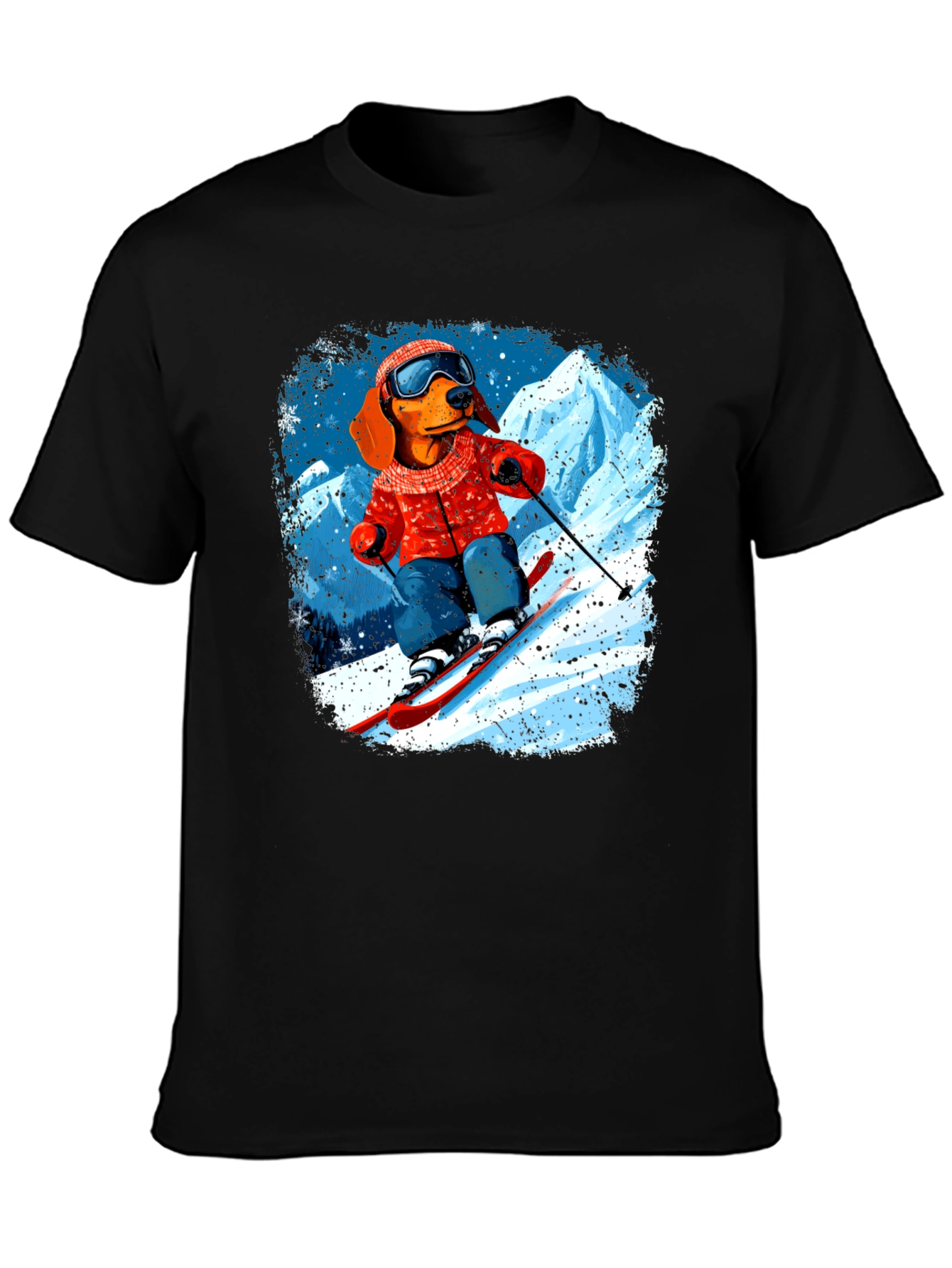 Dog Skiing Graphic Tee - Black Cotton T-Shirt