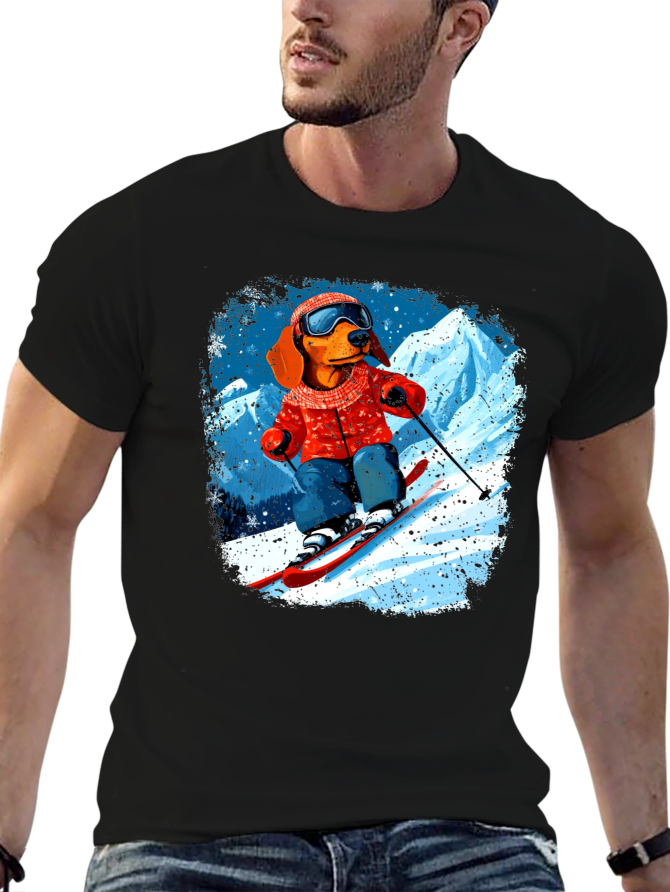 Dog Skiing Graphic Tee - Black Cotton T-Shirt