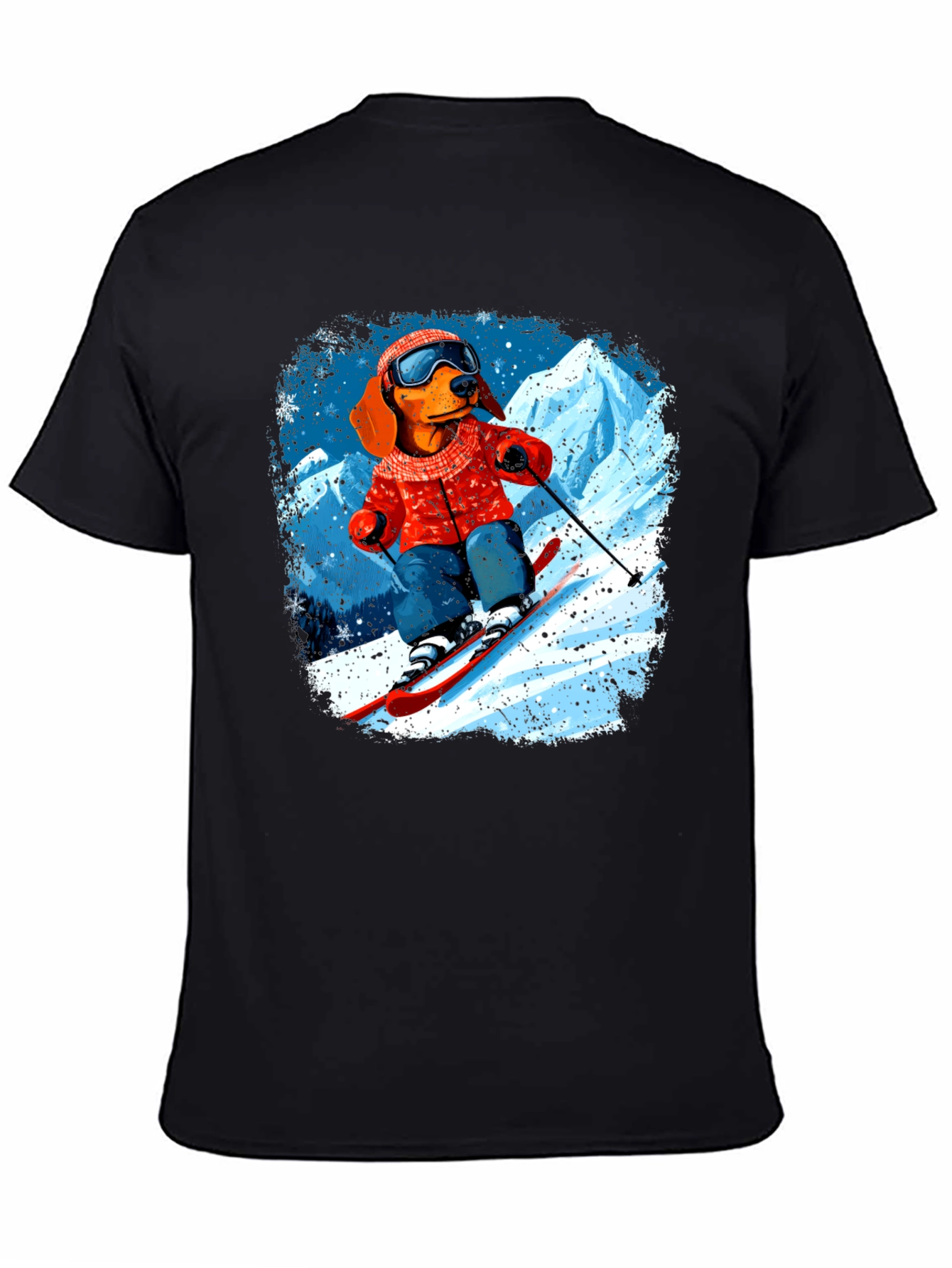 Dog Skiing Graphic Tee - Black Cotton T-Shirt