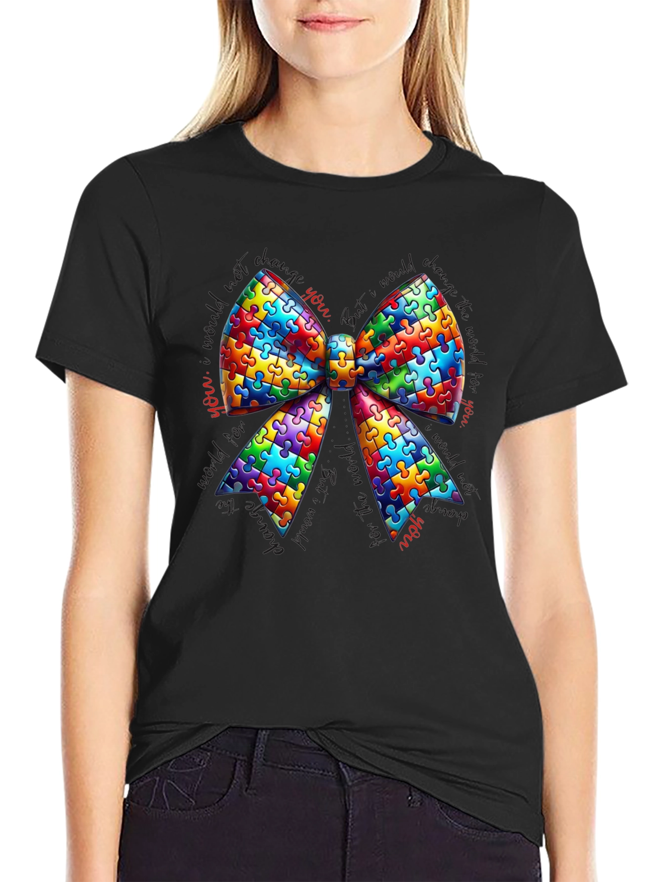 Autism Awareness Puzzle Ribbon Bow T-Shirt