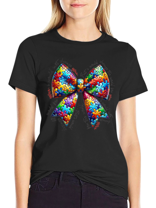 Autism Awareness Puzzle Ribbon Bow T-Shirt