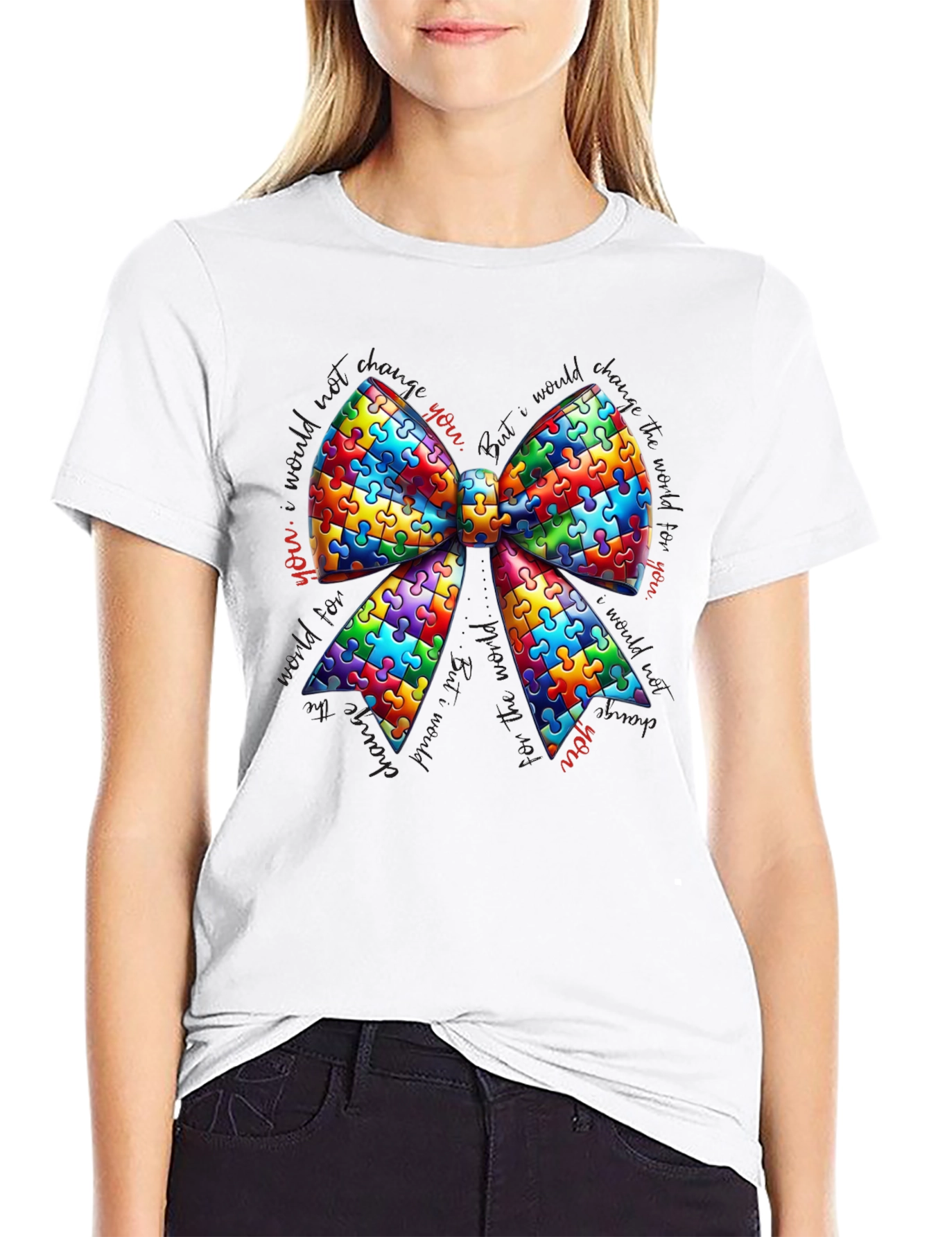 Autism Awareness Puzzle Ribbon Bow T-Shirt