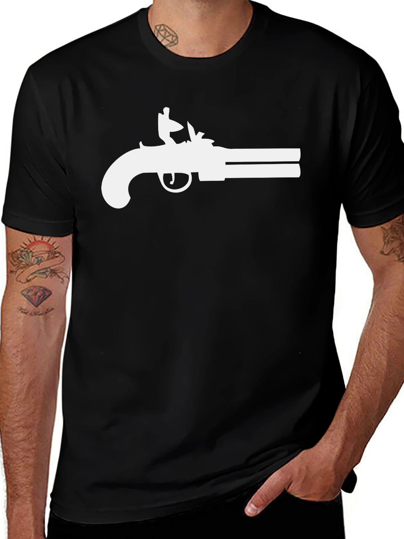 Black T-Shirt with White Flintlock Pistol Graphic