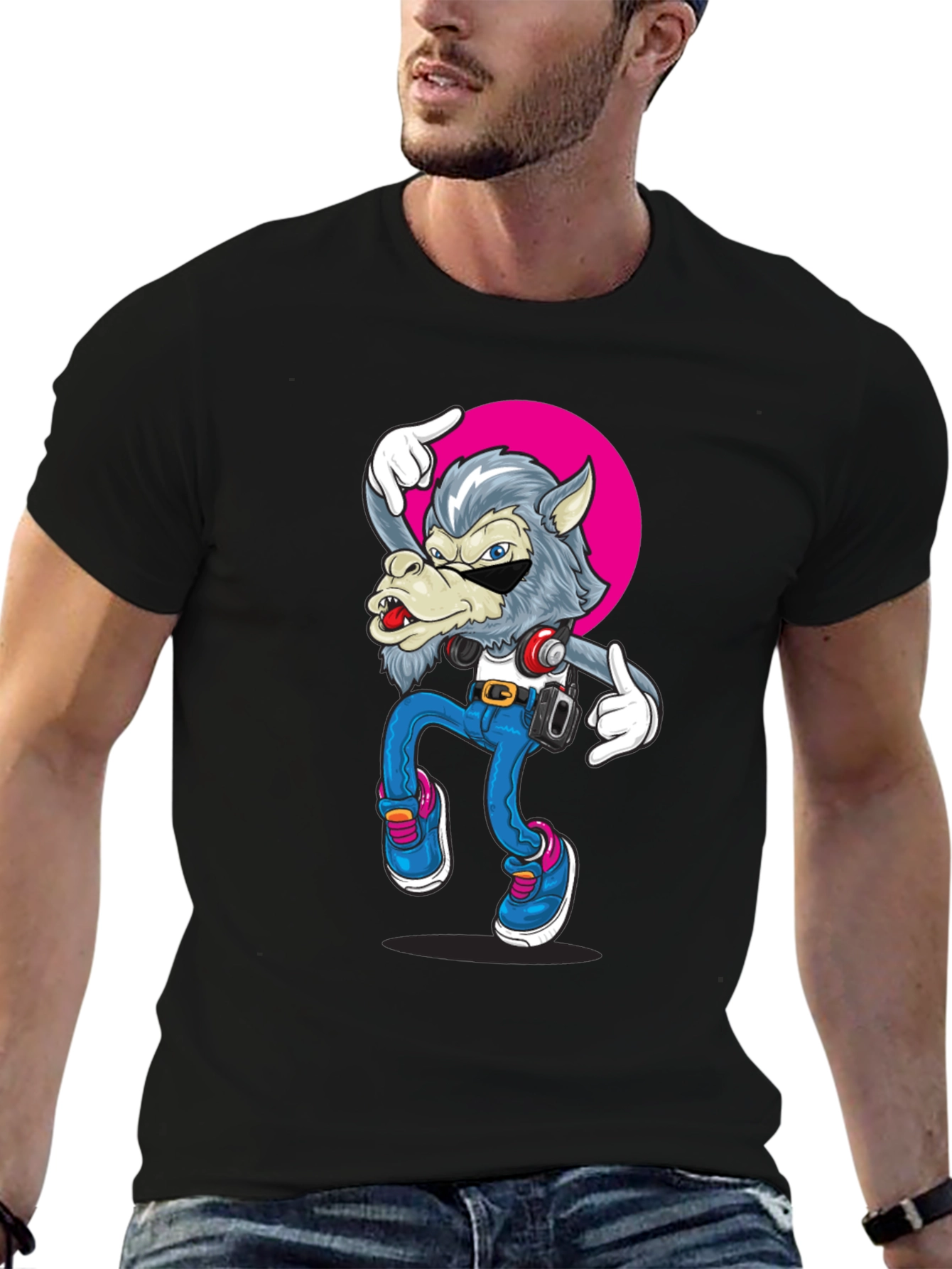 Cool Wolf Graphic Tee - Black Cotton