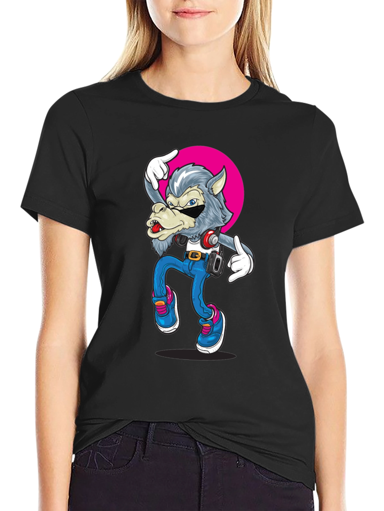 Cool Wolf Graphic Tee - Black Cotton