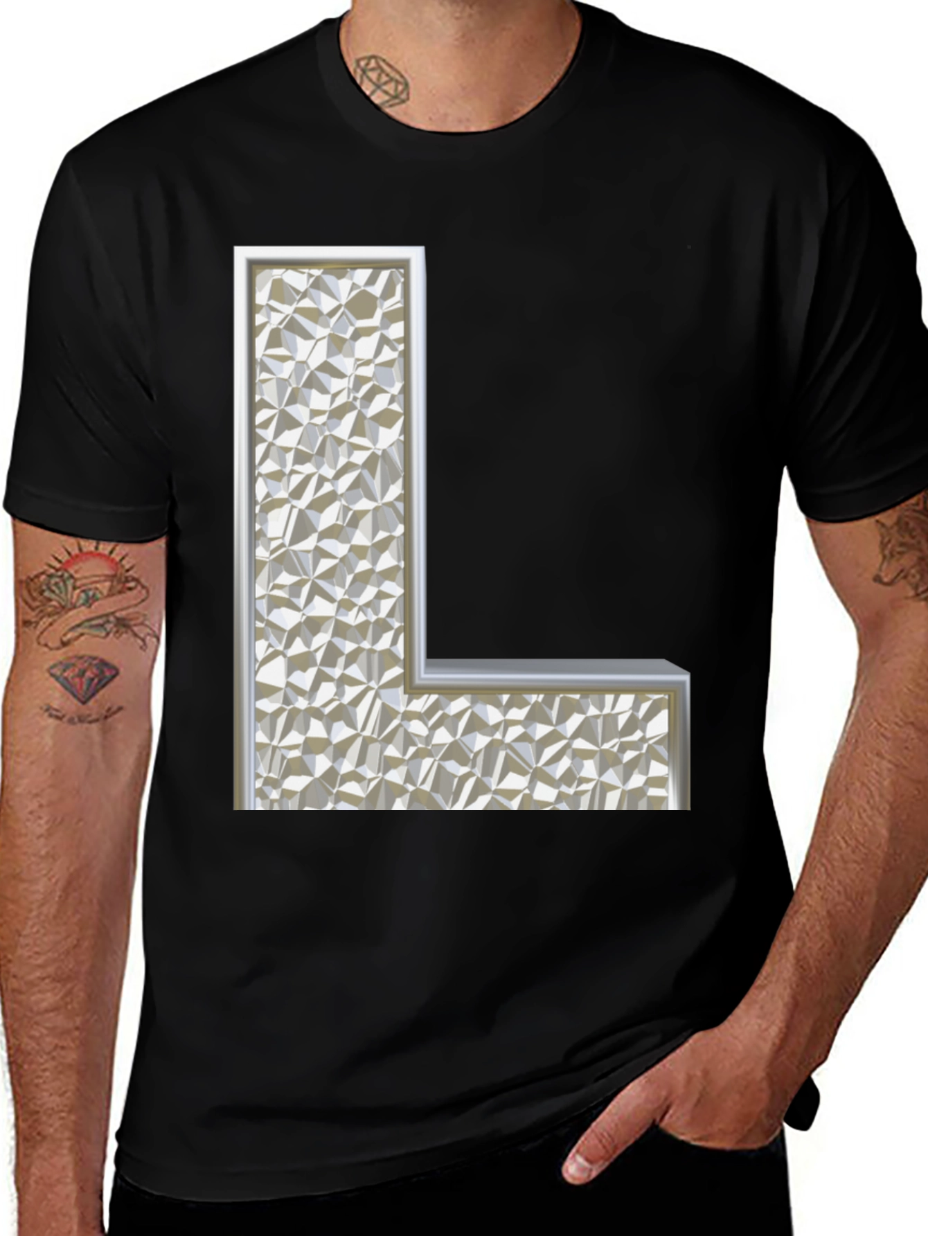 Letter L Geometric Pattern Black T-Shirt