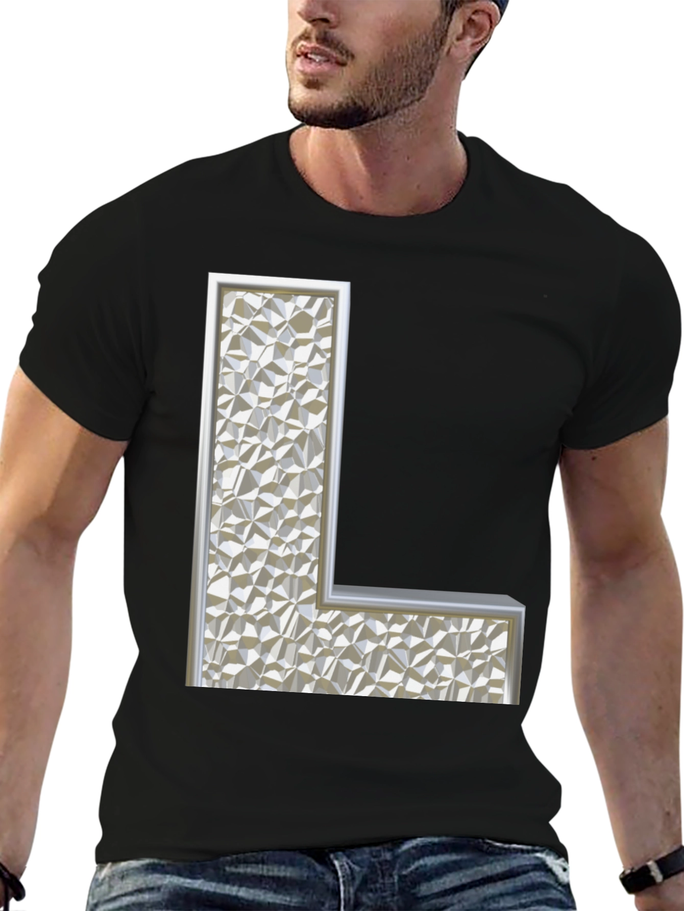 Letter L Geometric Pattern Black T-Shirt