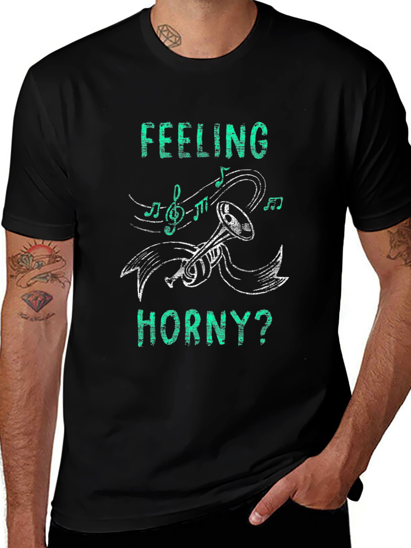 Feeling Horny? T-Shirt Music Trumpet Graphic Novelty Tee