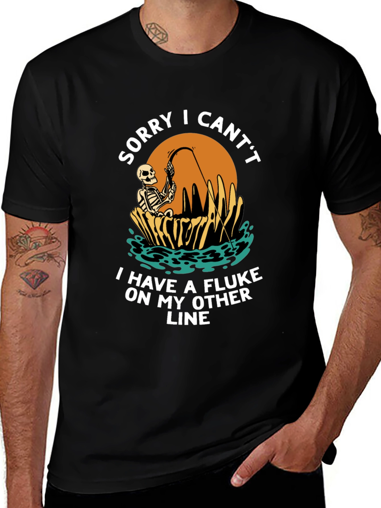 Funny Fishing Skeleton T-Shirt - Sorry I Cant