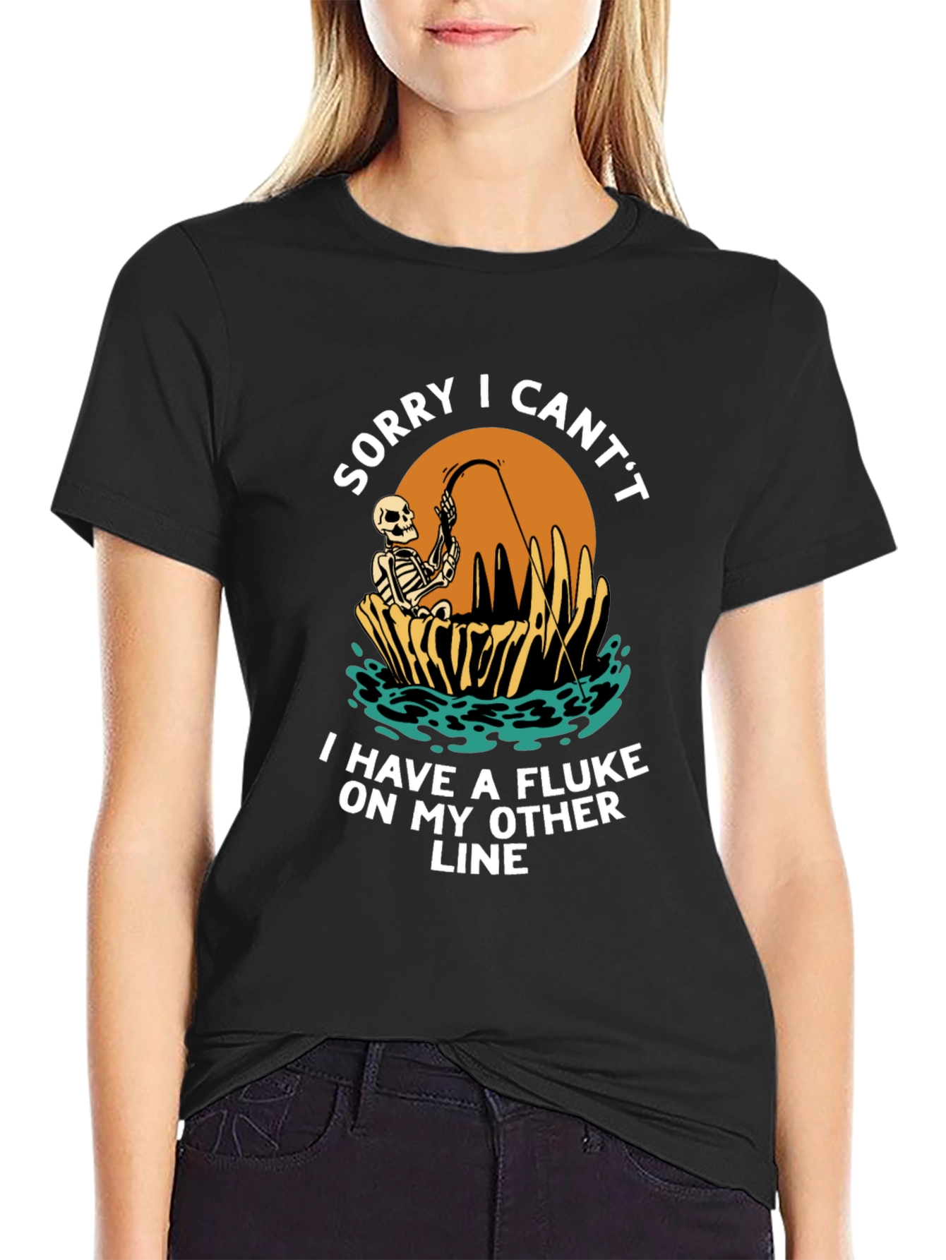 Funny Fishing Skeleton T-Shirt - Sorry I Cant