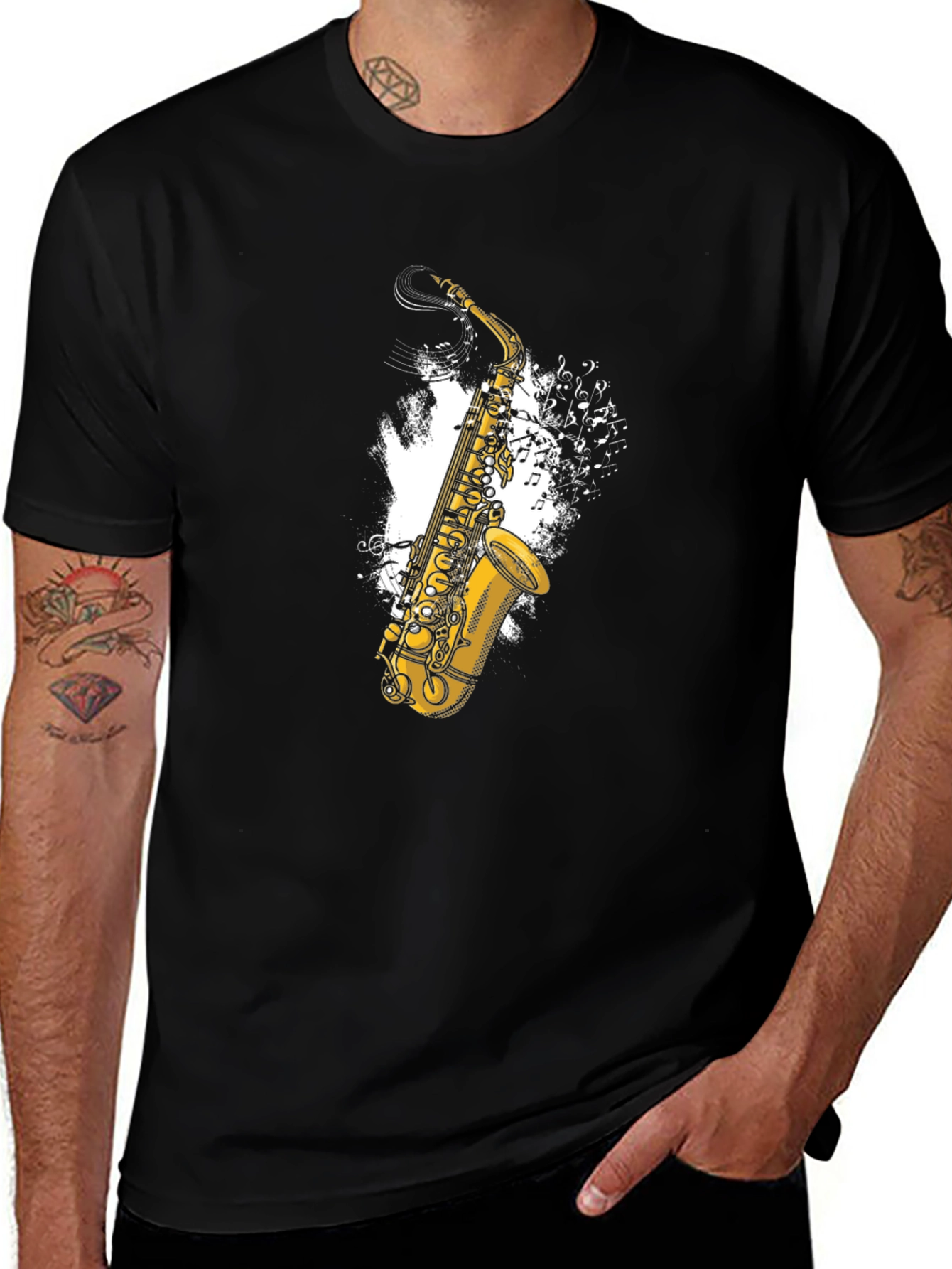 Saxophone Music Notes Graphic Tee - Black Cotton T-Shirt