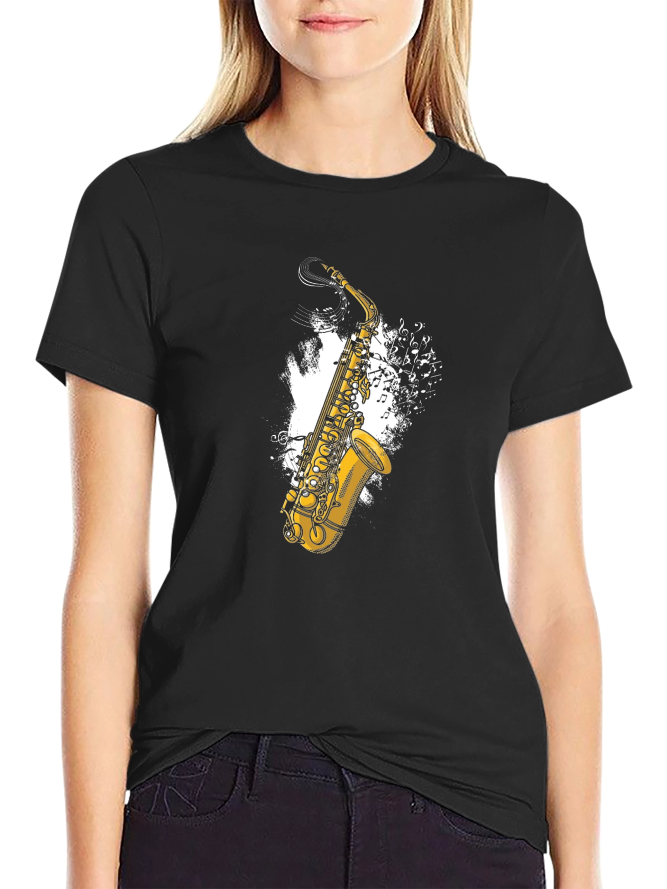 Saxophone Music Notes Graphic Tee - Black Cotton T-Shirt