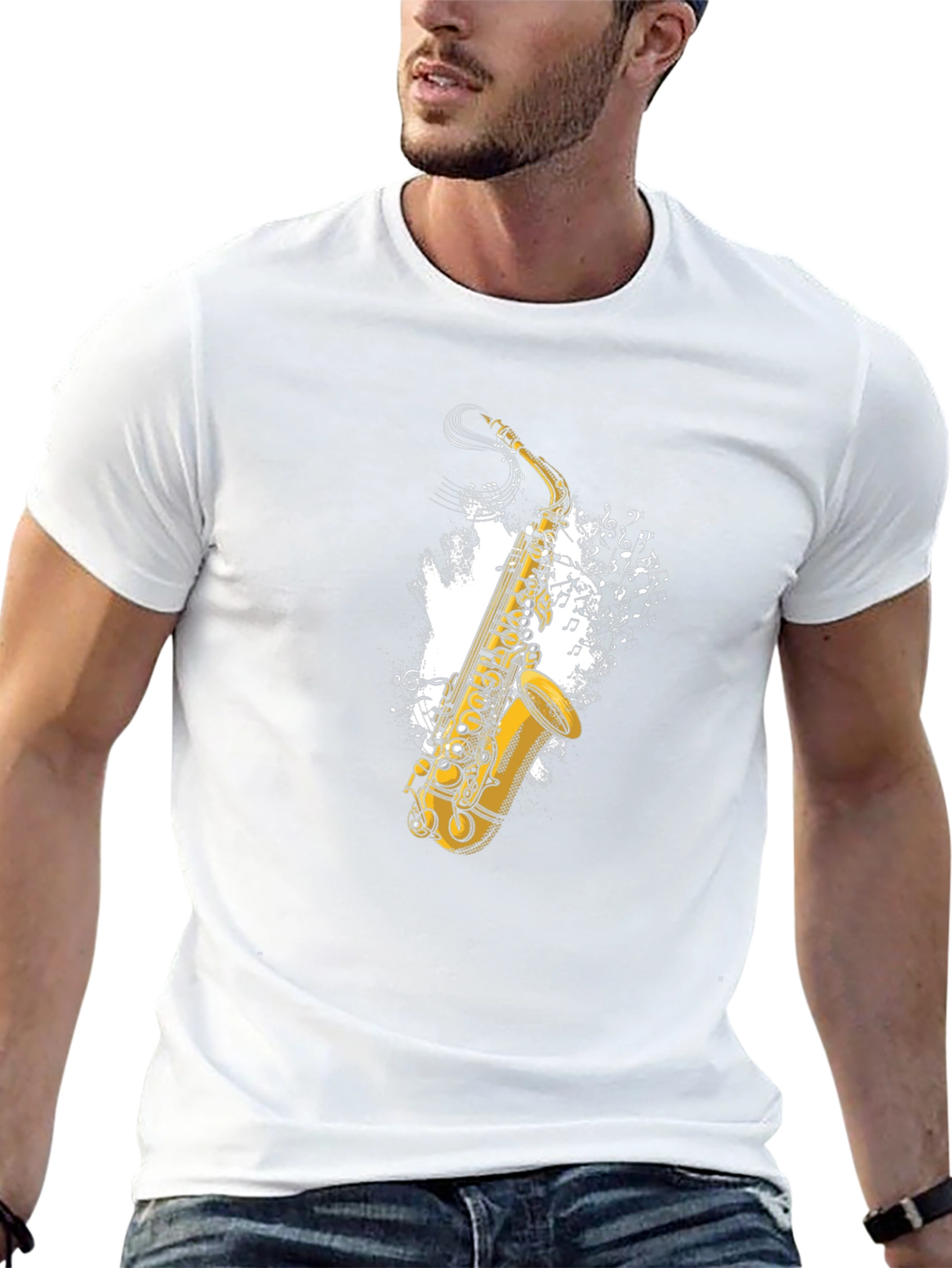 Saxophone Music Notes Graphic Tee - Black Cotton T-Shirt