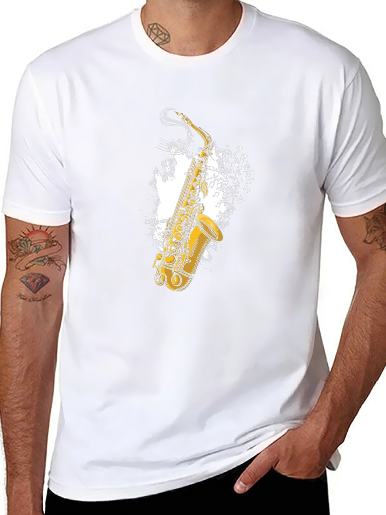 Saxophone Music Notes Graphic Tee - Black Cotton T-Shirt
