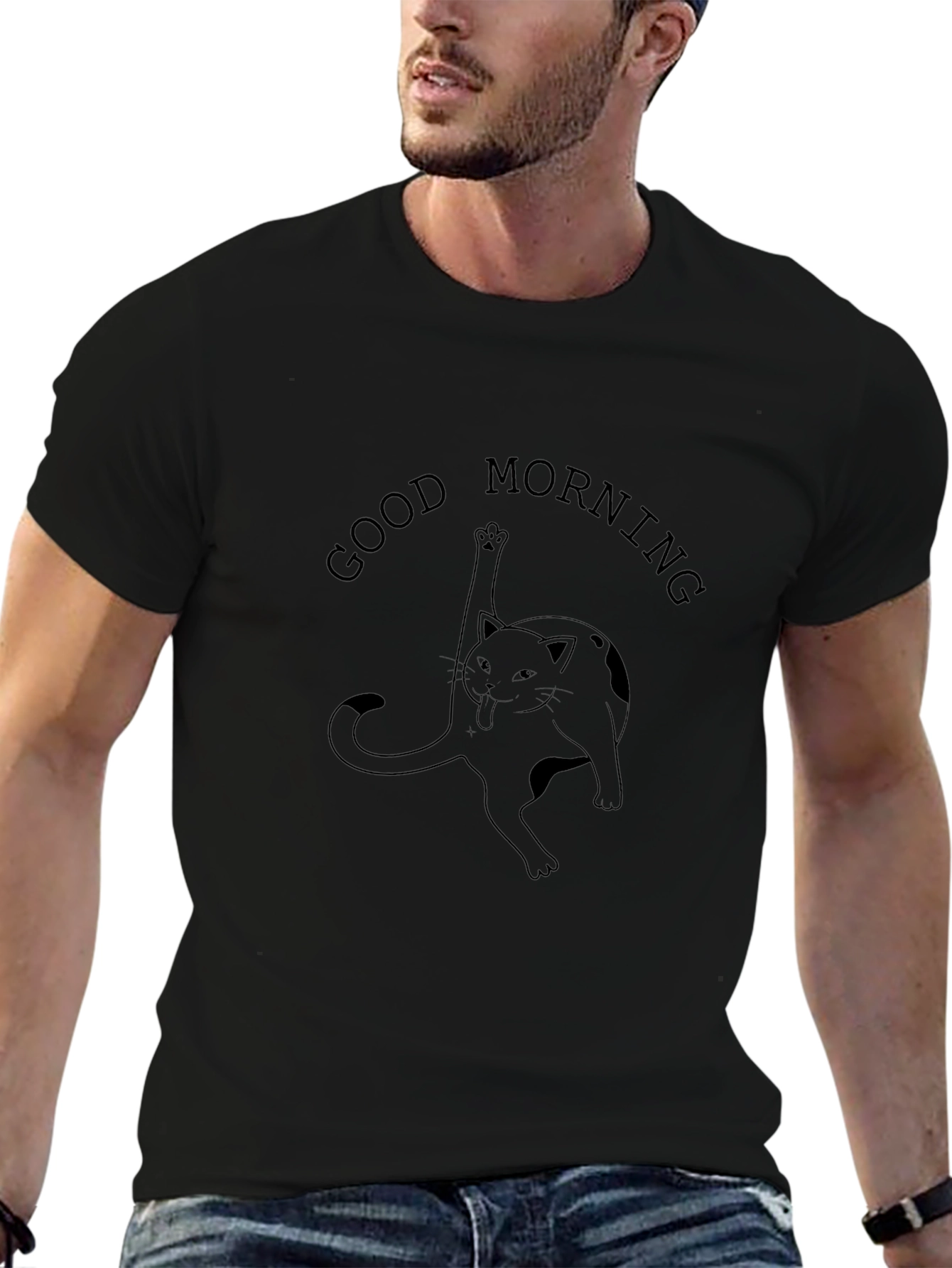 Good Morning Cat Graphic Tee - Black