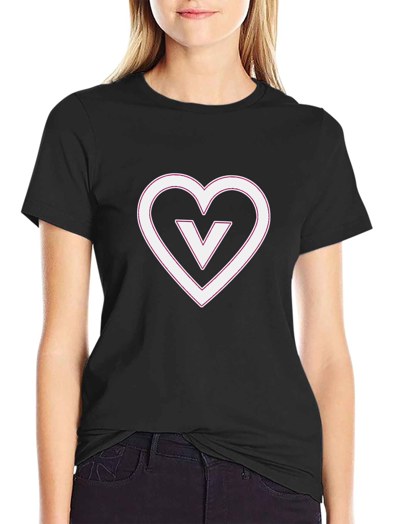 Black T-Shirt with White V Heart Graphic