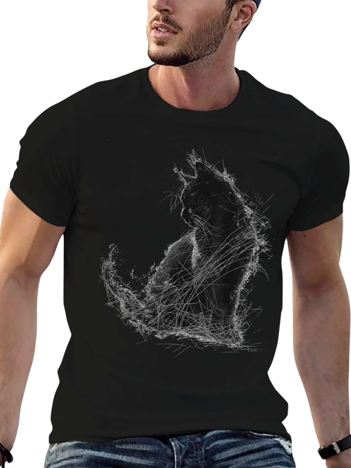 Abstract Cat Graphic Print Black T-Shirt