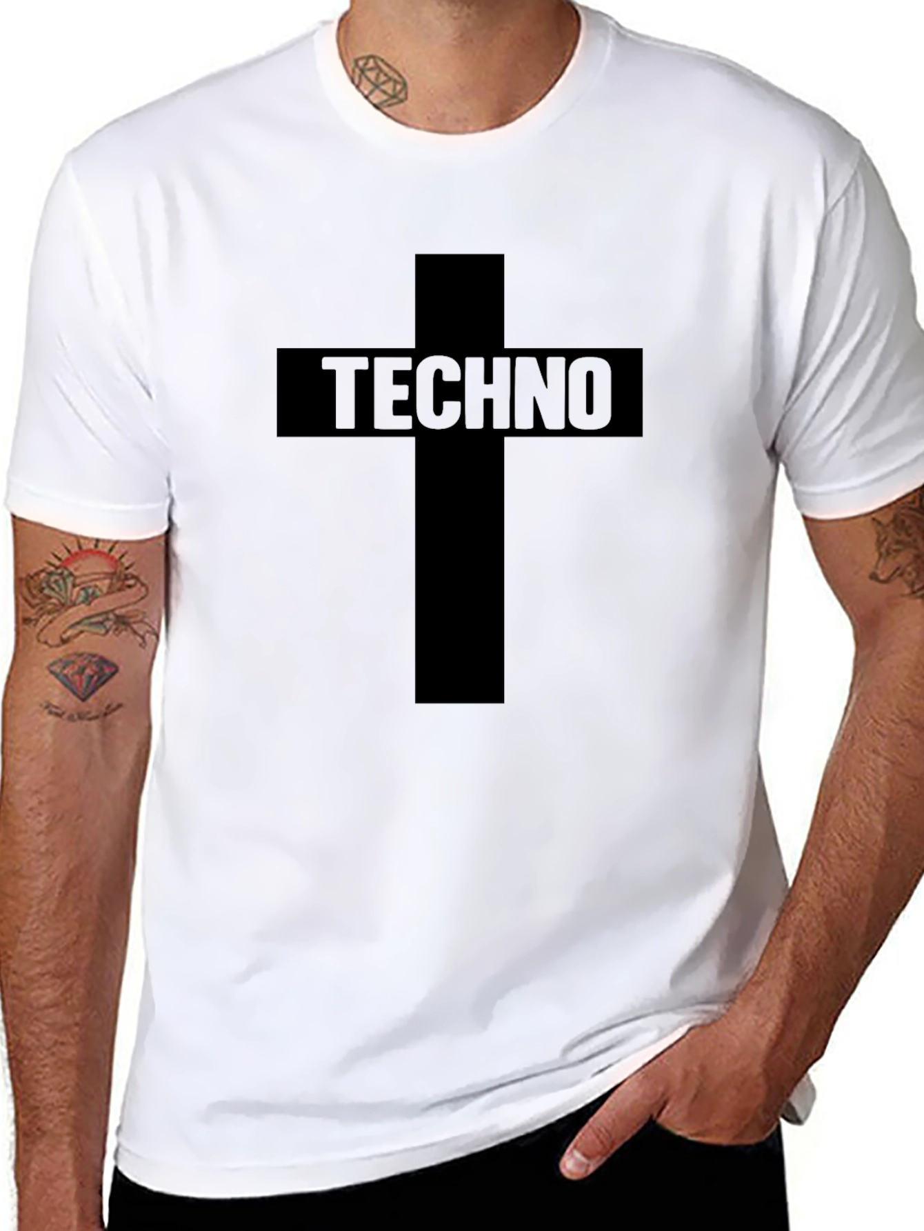 Techno Music Graphic T-Shirt - Cross Design - Black