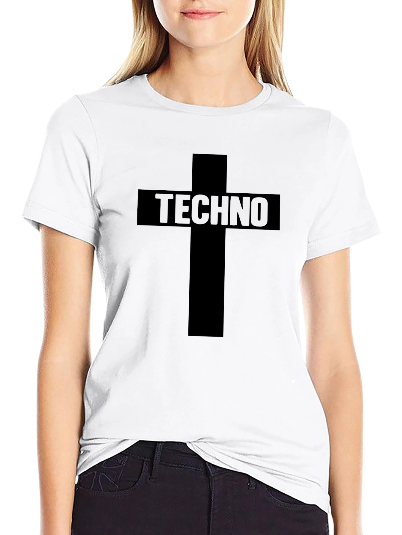 Techno Music Graphic T-Shirt - Cross Design - Black