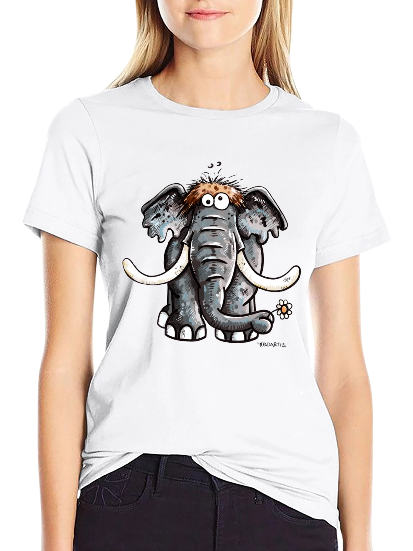 Cartoon Elephant Graphic Tee - Black