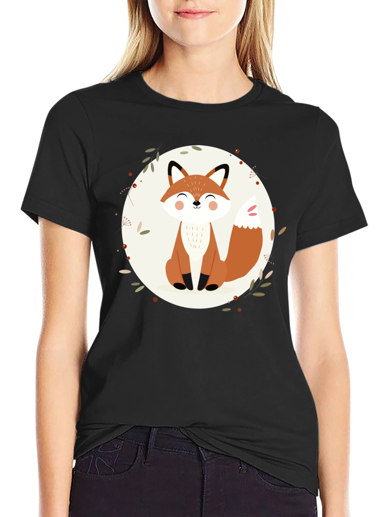 Cute Fox Graphic Black T-Shirt