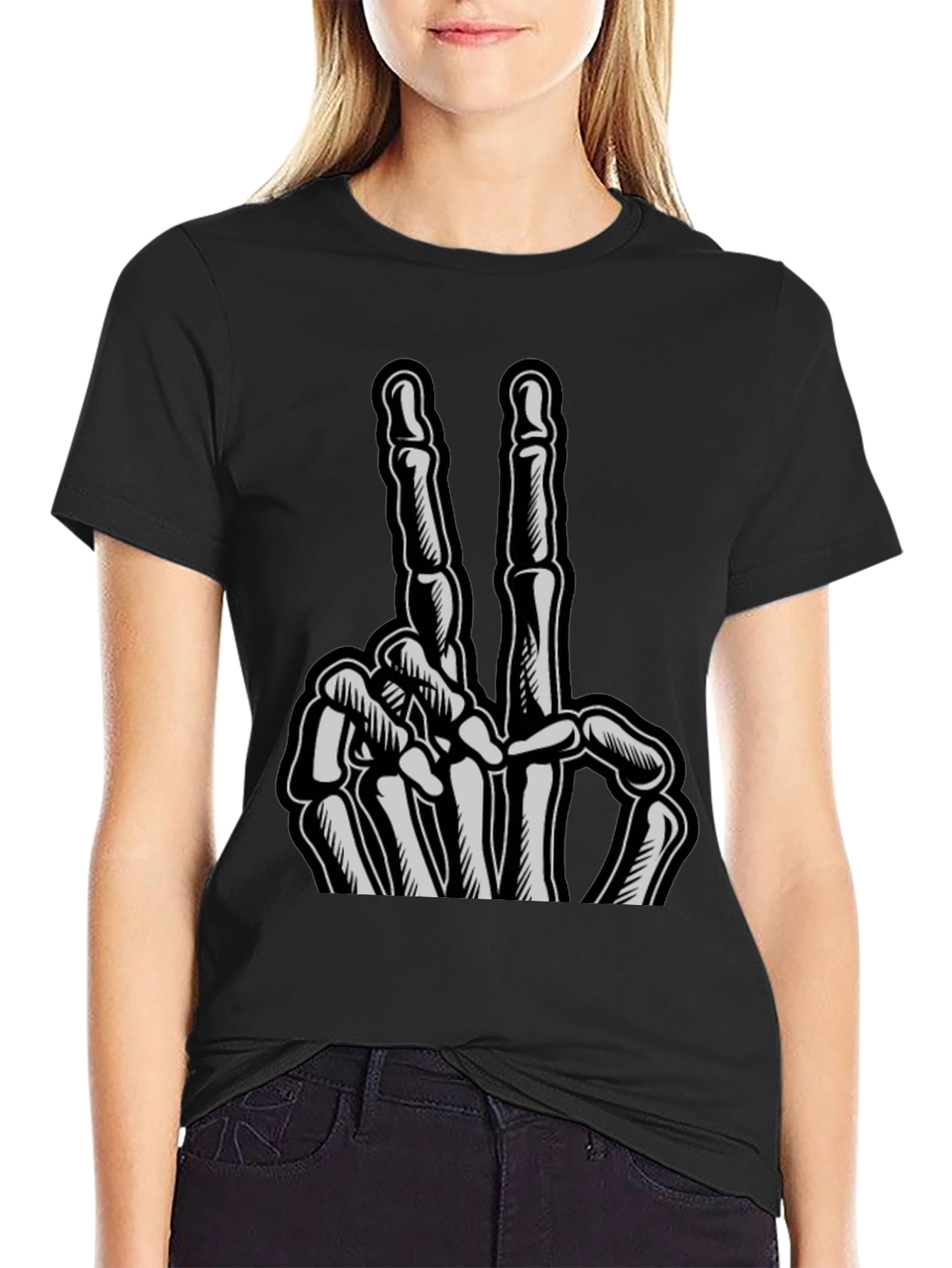 Skeleton Hand Peace Sign Graphic Tee