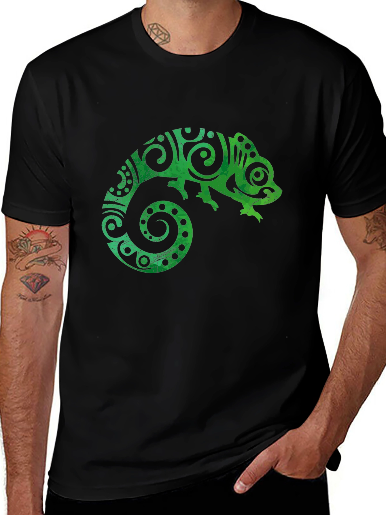 Tribal Chameleon Graphic Tee - Black Unisex T-Shirt
