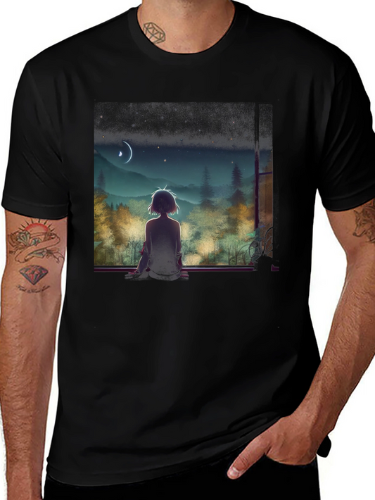 Anime Moonlit Night T-Shirt - Black