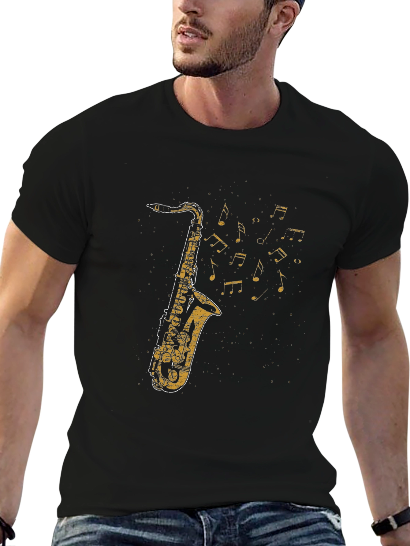 Saxophone Music Notes Graphic T-Shirt - Cool Musician Tee