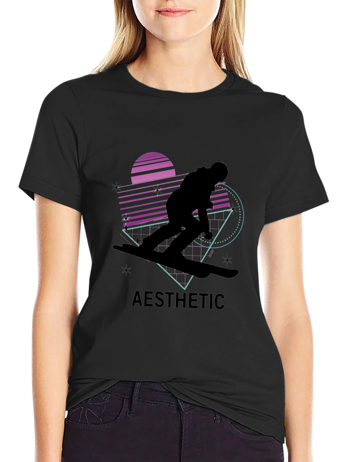 Aesthetic Retro Snowboarder Black T-Shirt