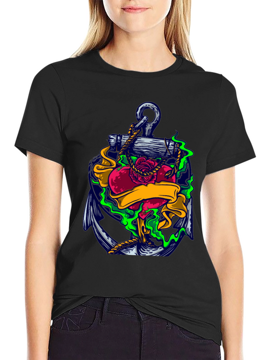 Anchor Heart Rose Graphic Tee - Classic Tattoo Style T-Shirt