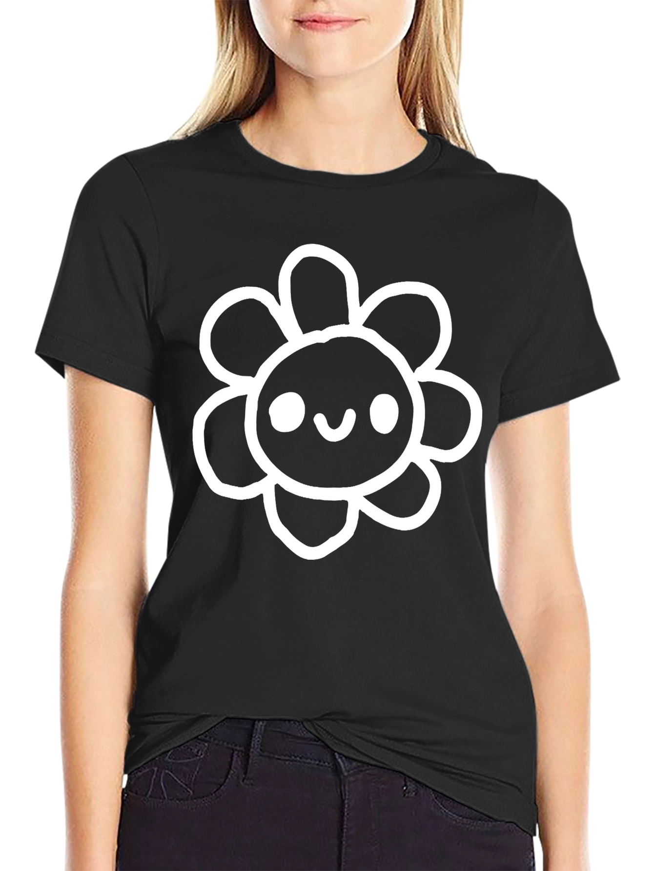 Cute Cartoon Flower Black T-Shirt
