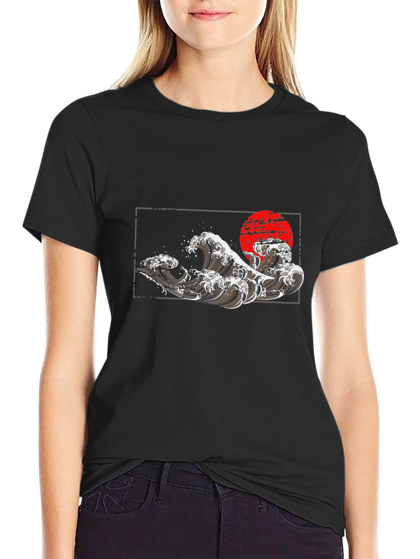 Black T-Shirt with Wave and Sun Graphic