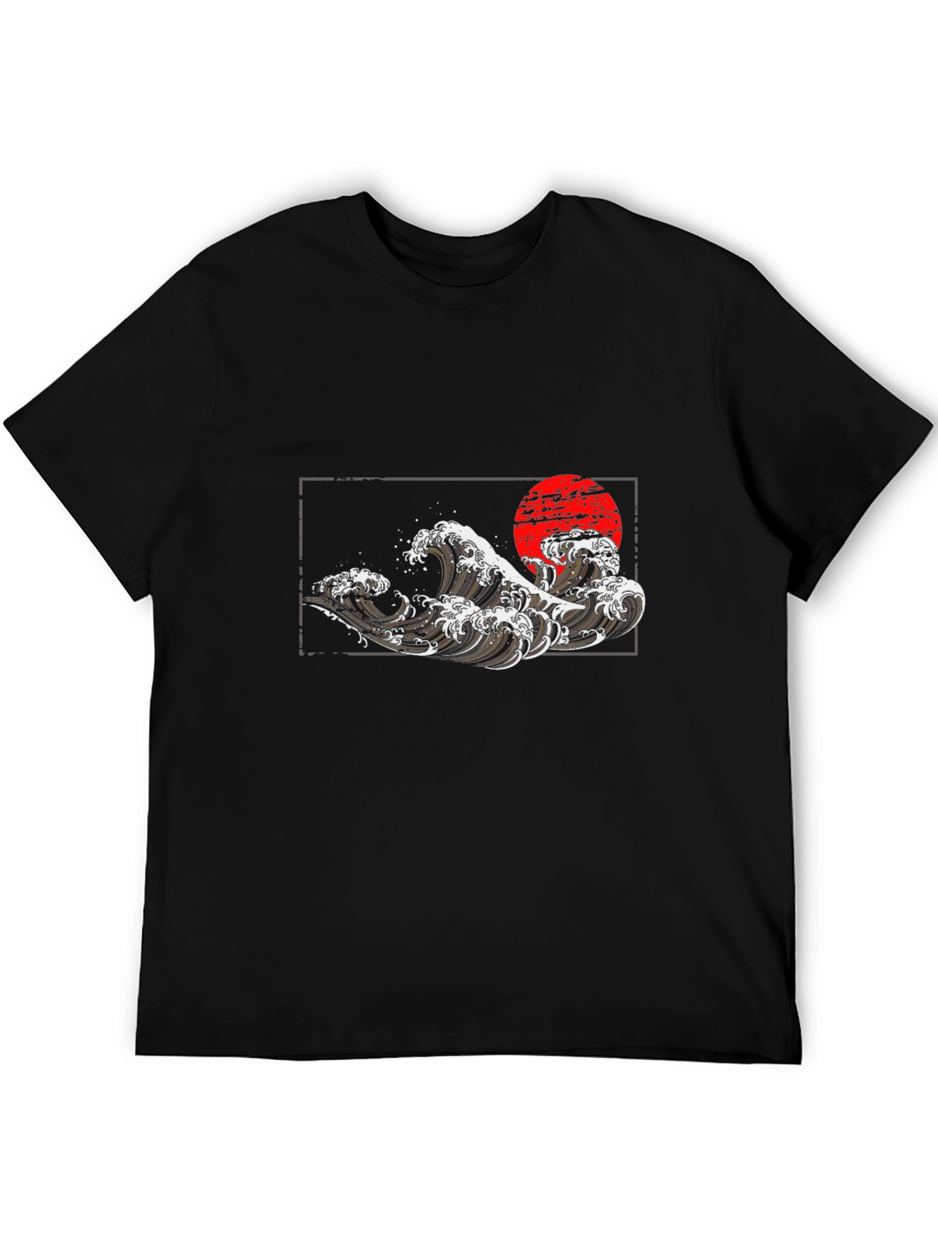 Black T-Shirt with Wave and Sun Graphic
