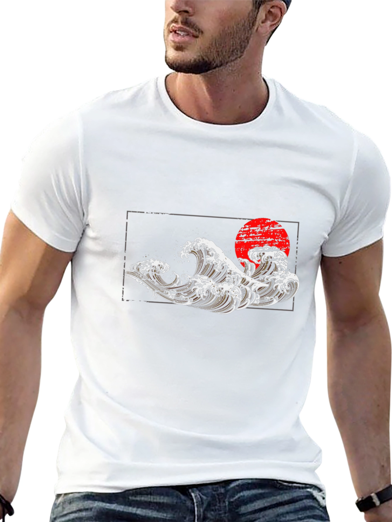 Black T-Shirt with Wave and Sun Graphic