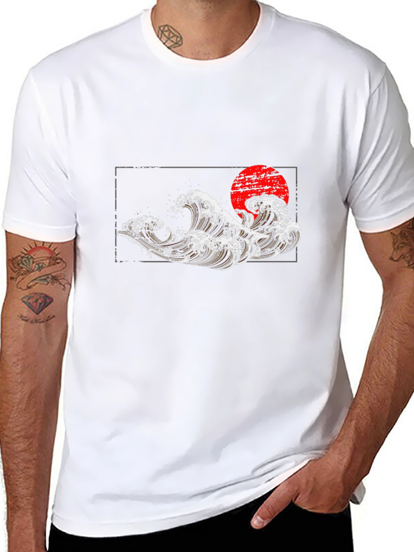 Black T-Shirt with Wave and Sun Graphic