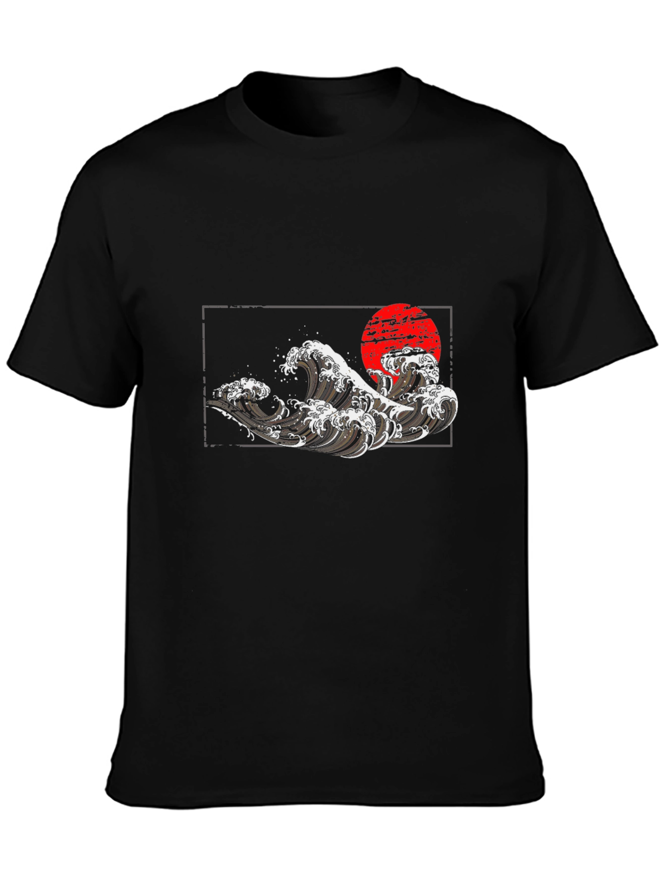 Black T-Shirt with Wave and Sun Graphic