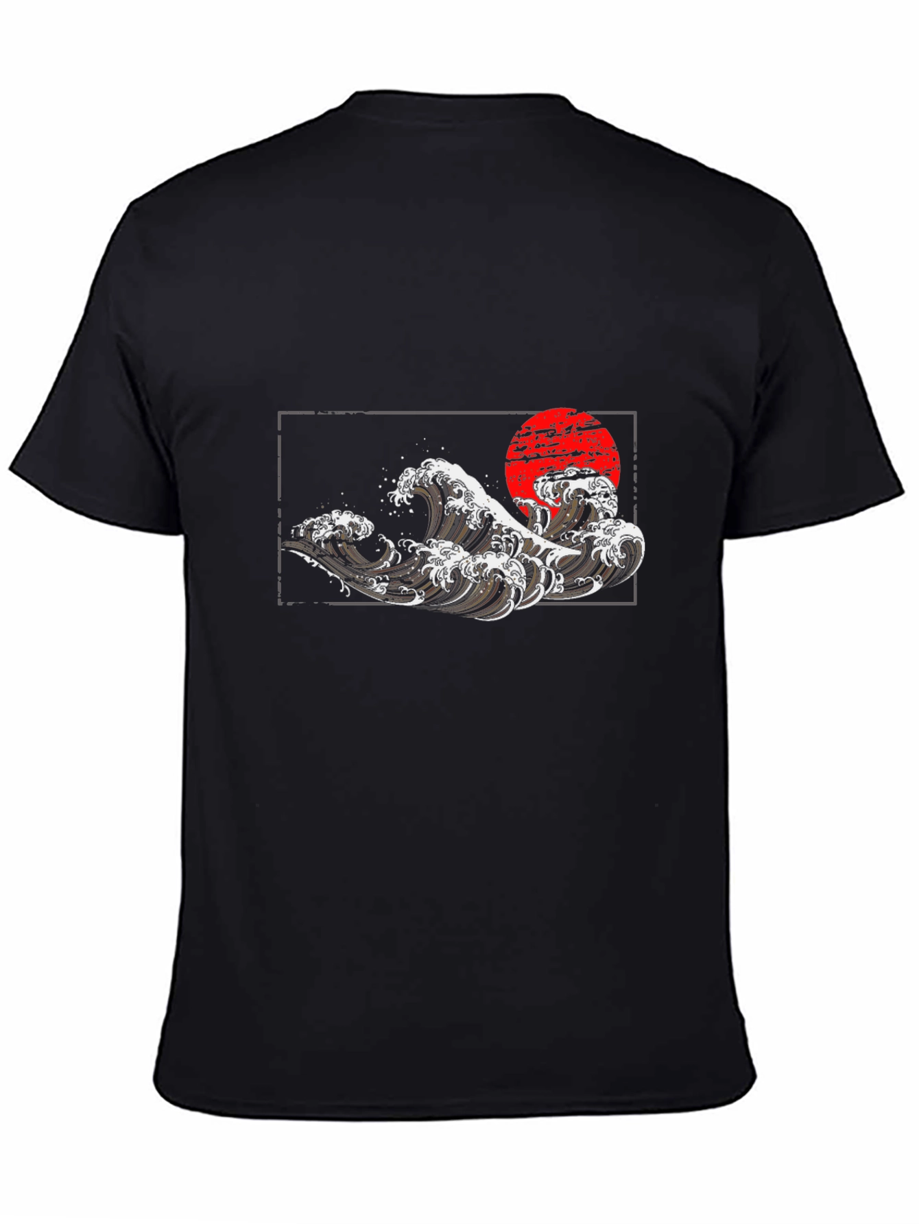 Black T-Shirt with Wave and Sun Graphic