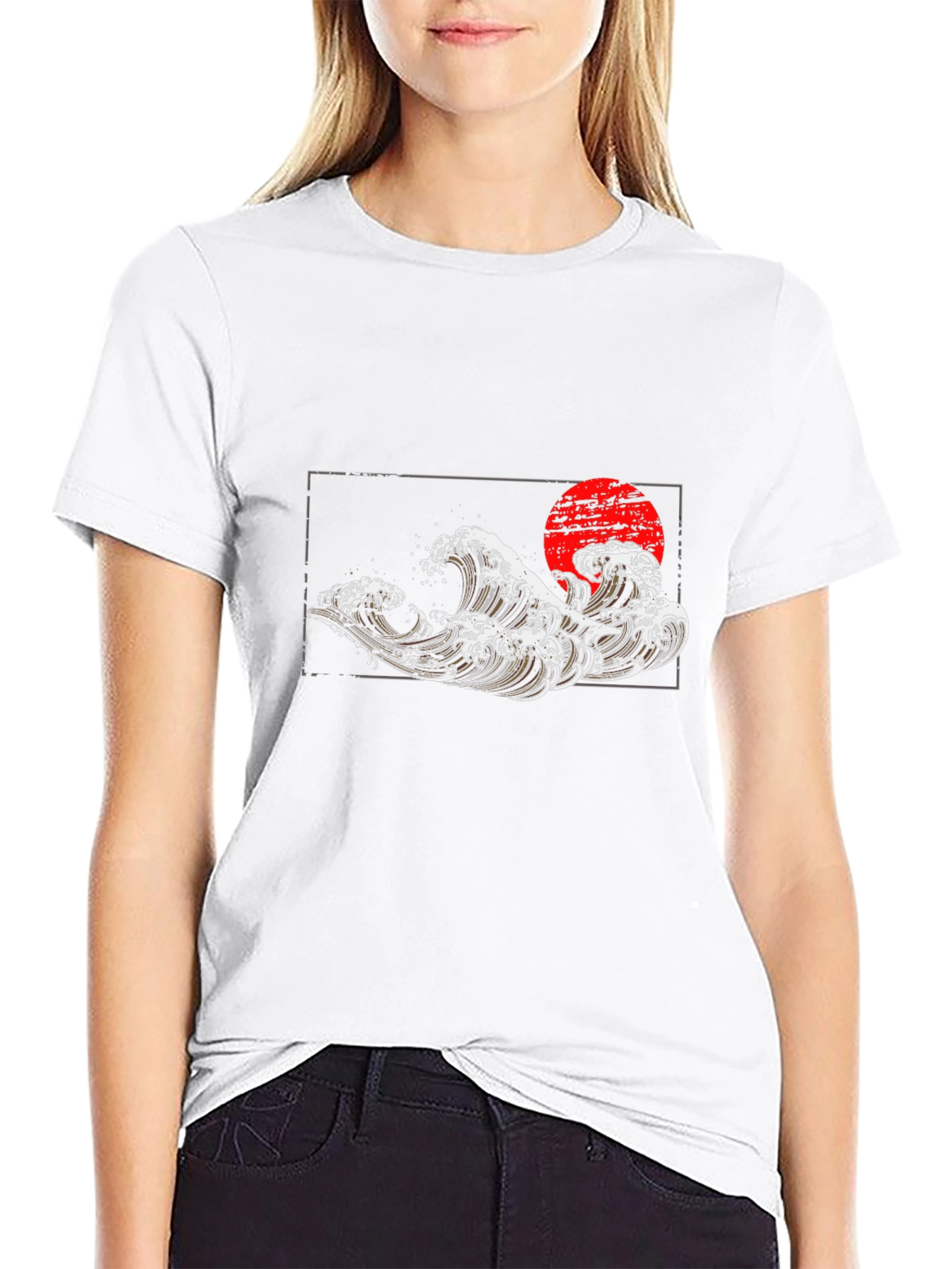 Black T-Shirt with Wave and Sun Graphic