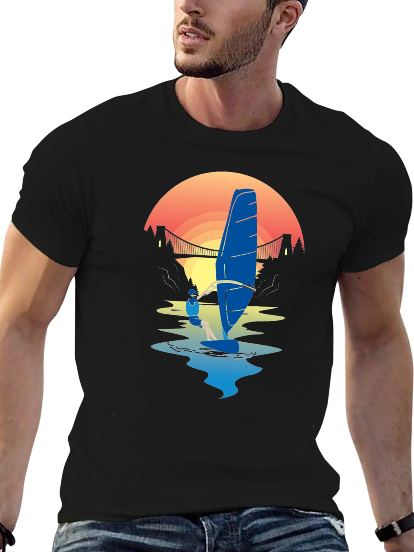 Windsurfer Sunset T-Shirt - Black Graphic Tee
