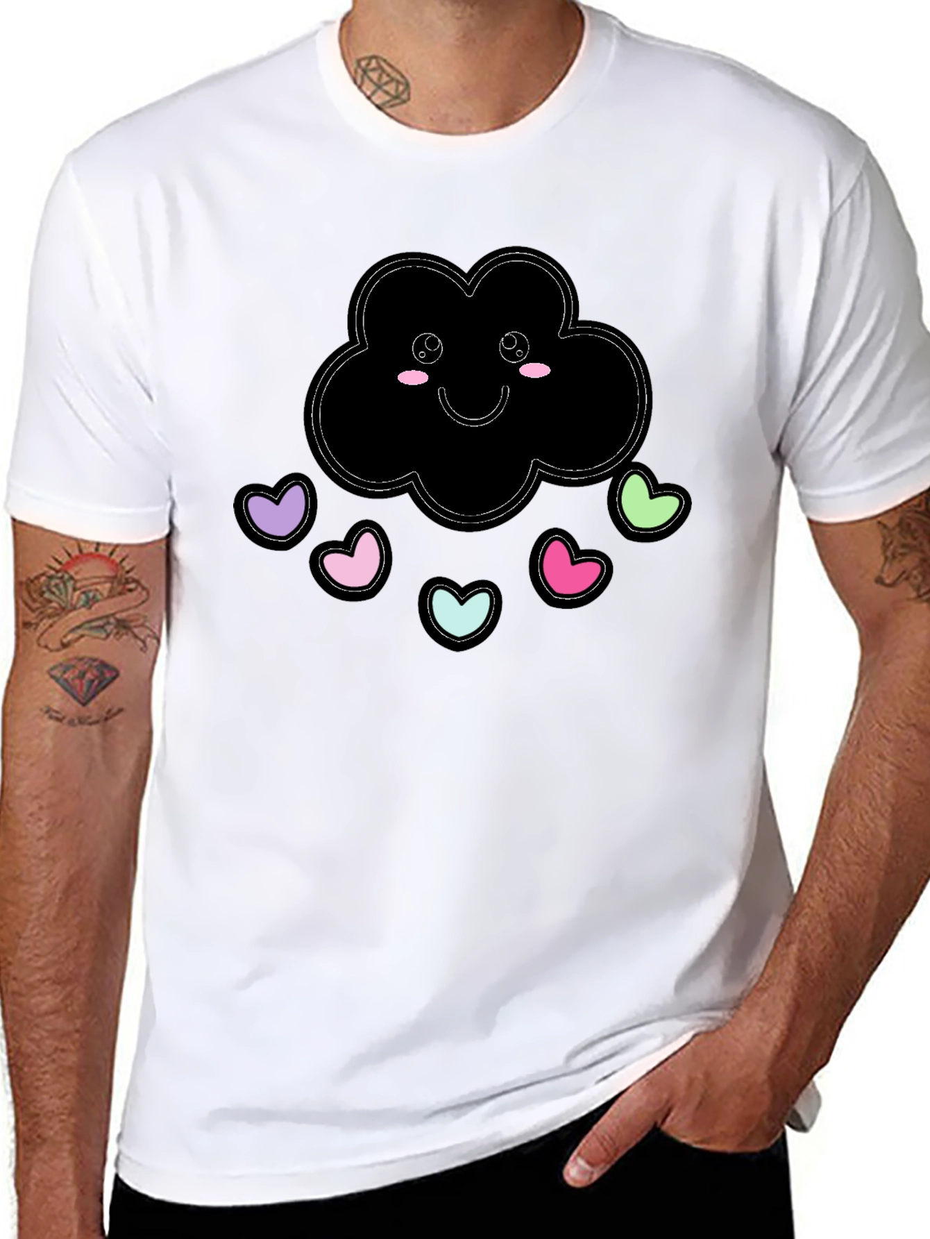 Cute Cloud Heart Rain Black T-Shirt