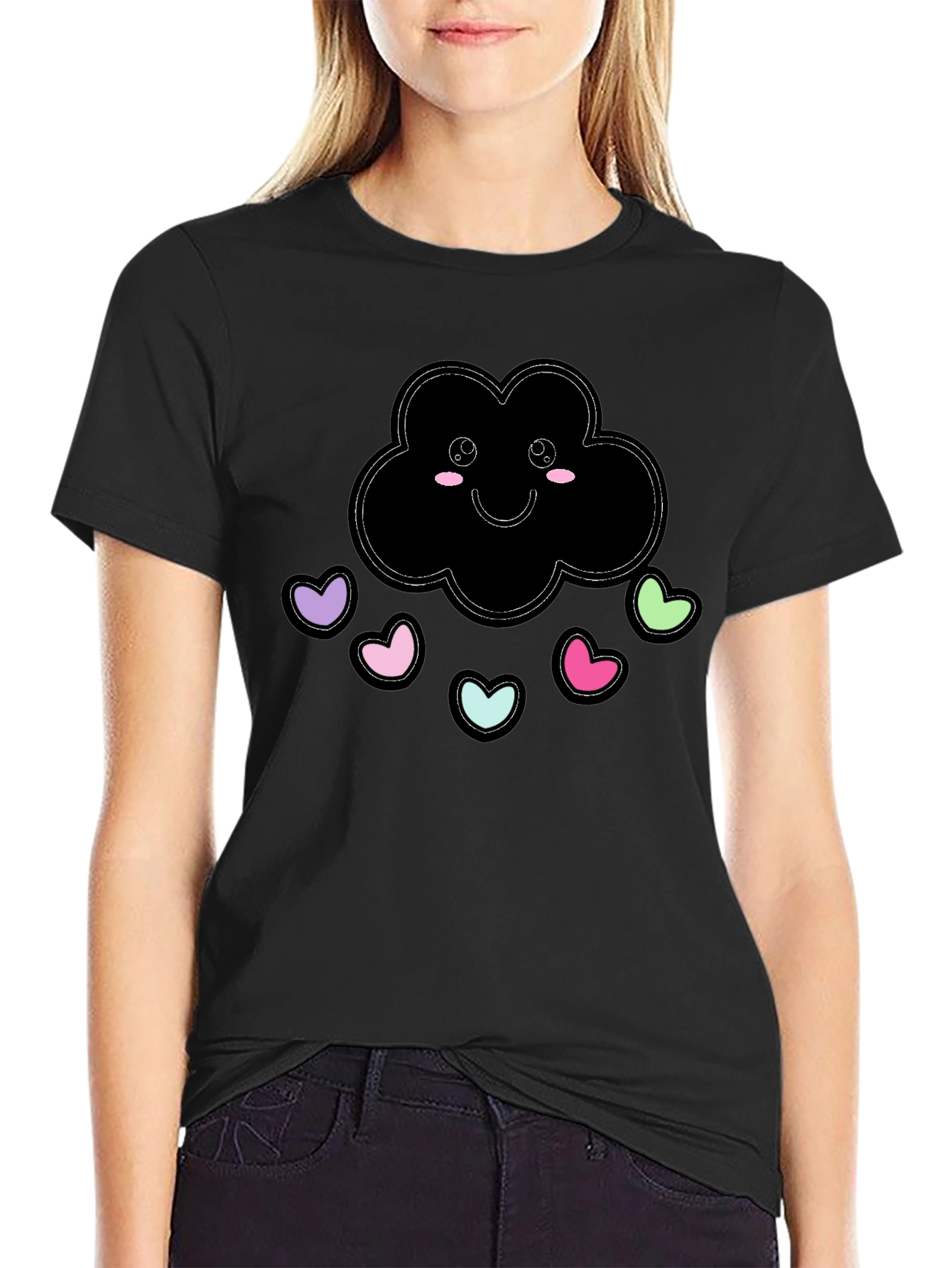 Cute Cloud Heart Rain Black T-Shirt