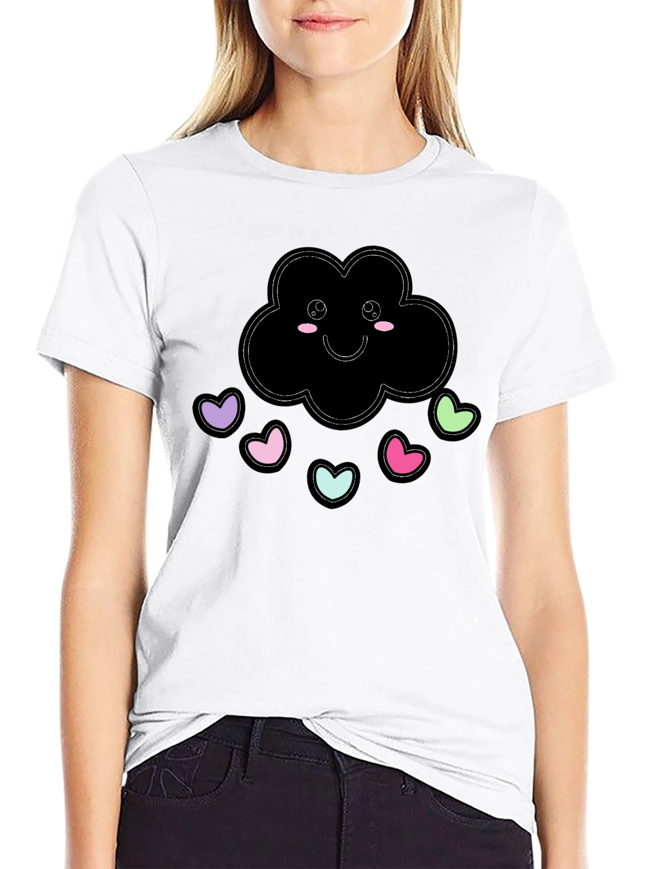 Cute Cloud Heart Rain Black T-Shirt