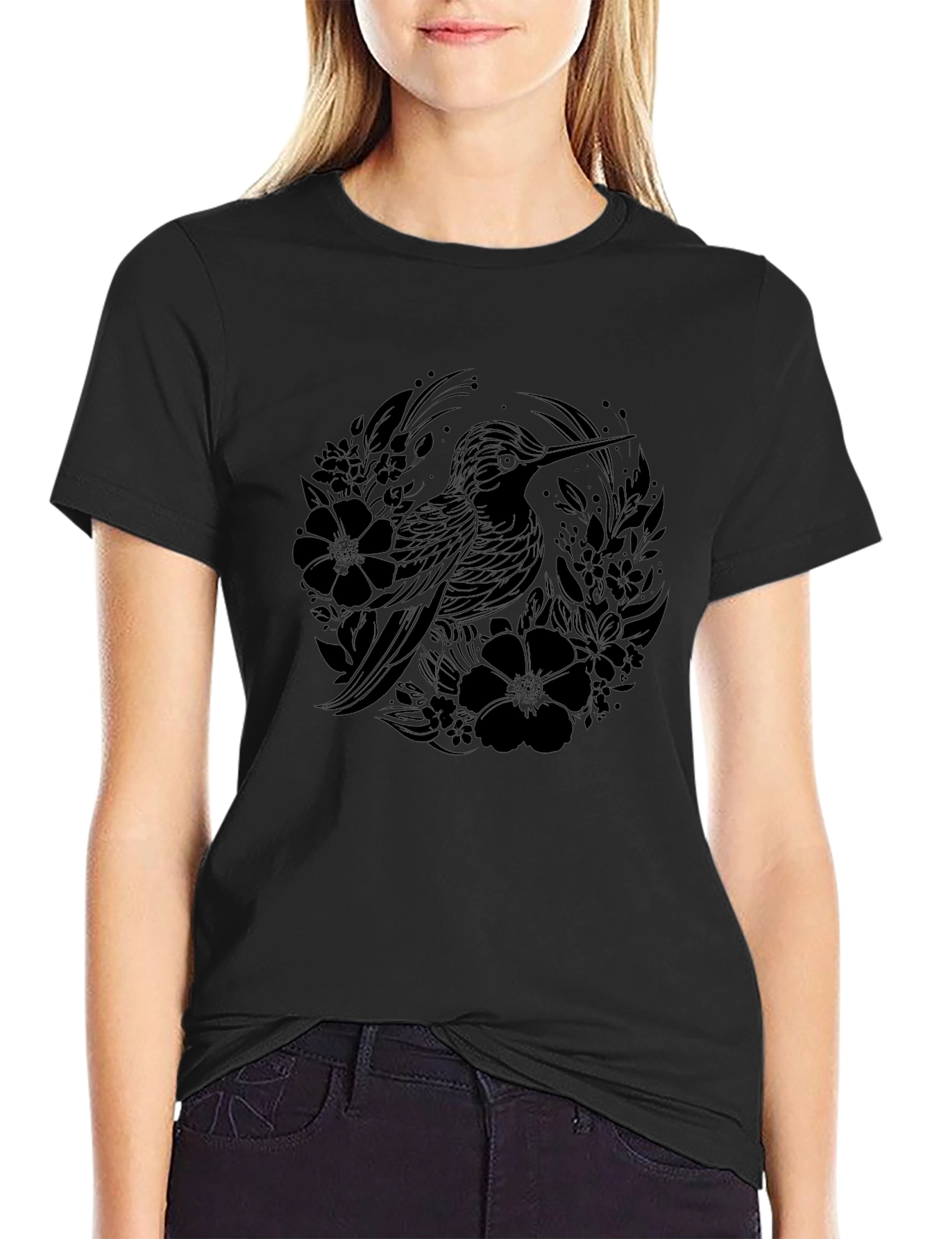 Hummingbird Floral Graphic T-Shirt - Black