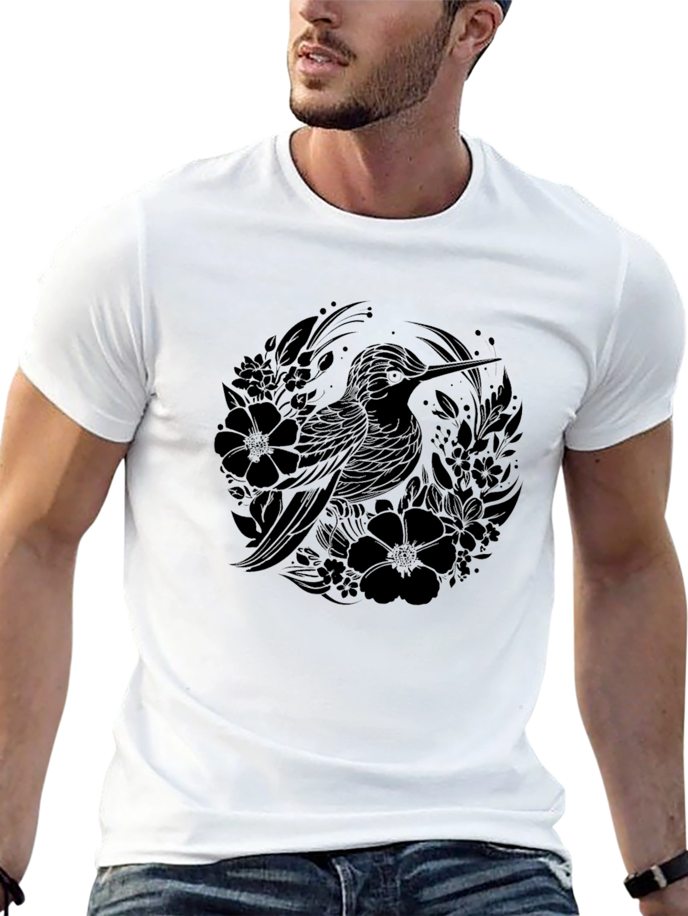 Hummingbird Floral Graphic T-Shirt - Black