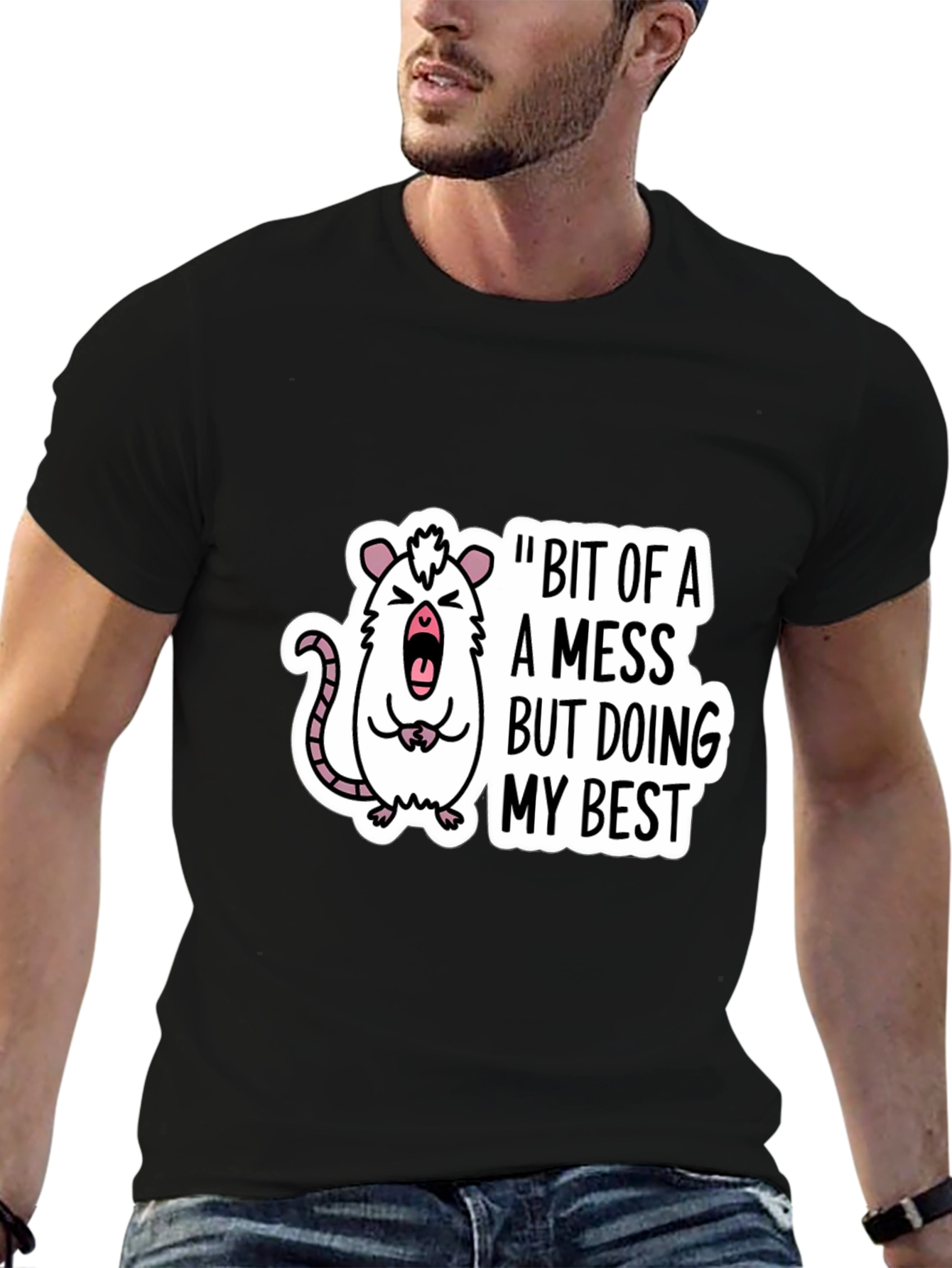 Funny Rat Bit of a Mess Black T-Shirt