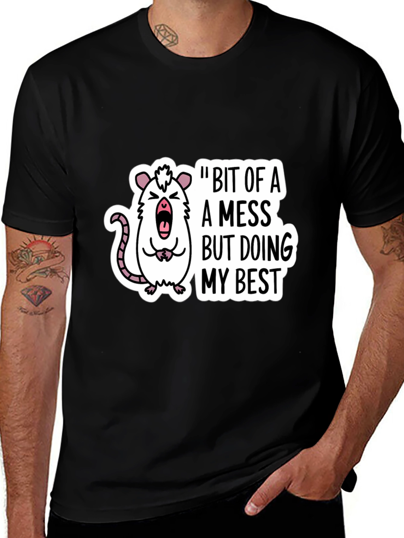 Funny Rat Bit of a Mess Black T-Shirt