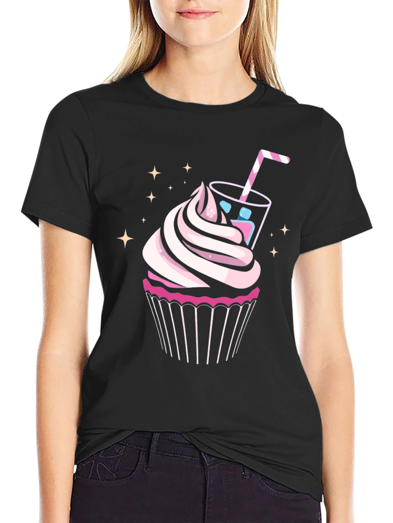 Cupcake & Drink Graphic Tee - Black Cotton Shirt